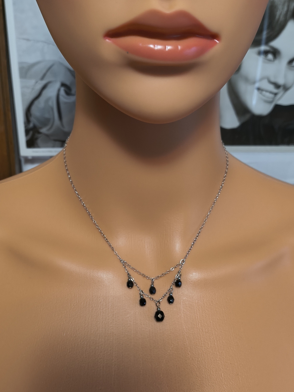Sterling Silver Black Crystal Drop Choker Necklace 15.75" Delicate Dangle